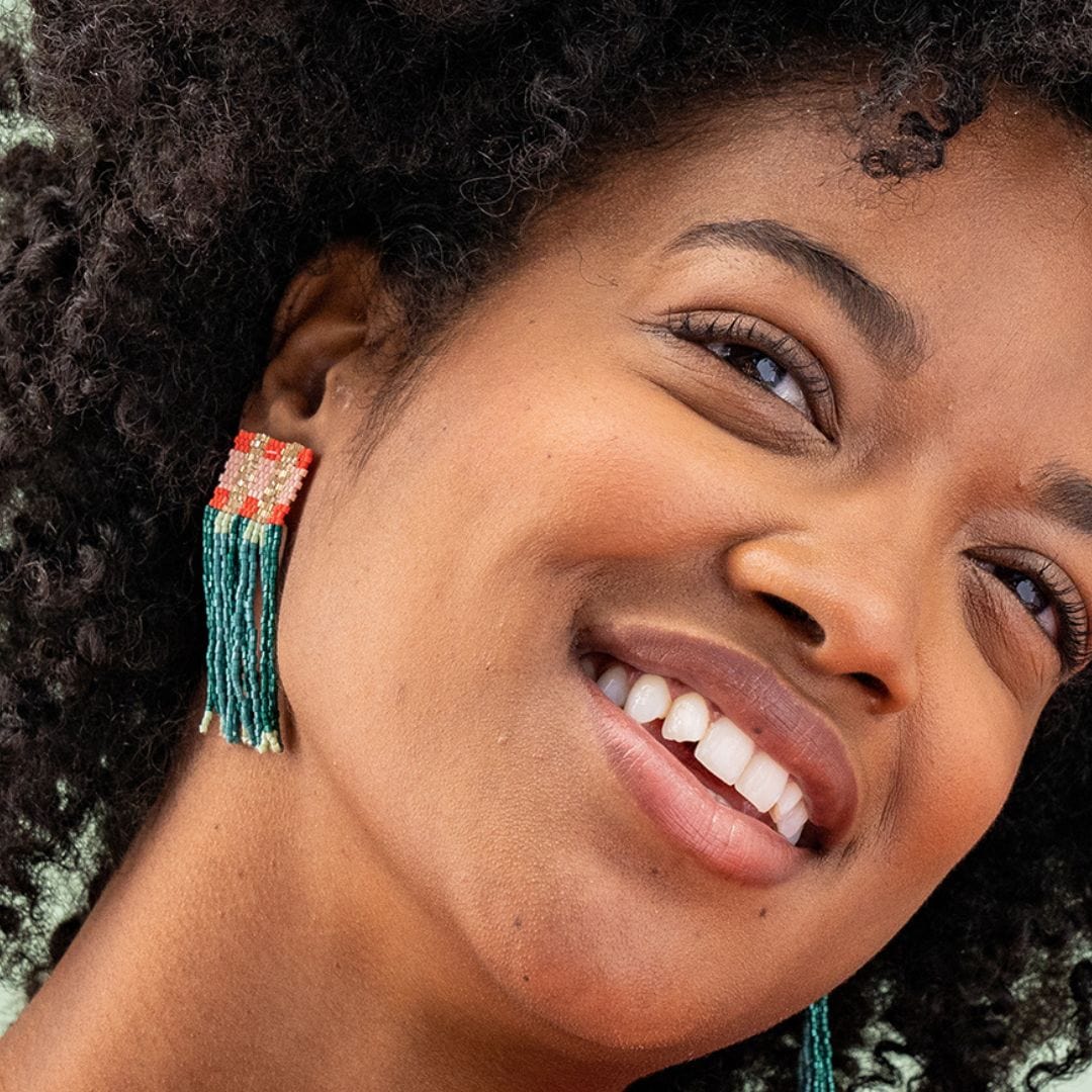 Ava Crossing Colorblock Beaded Fringe Earrings Teal + Poppy - Image 2