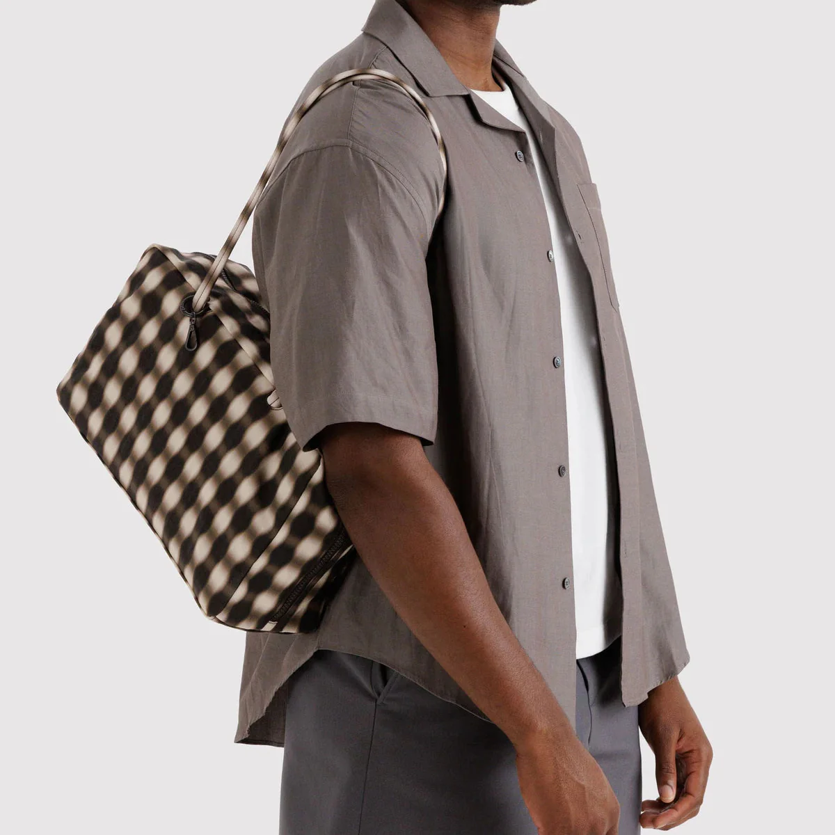 Baggu Medium Nylon Bowler Bag - Blurred Gingham Brown - Image 3