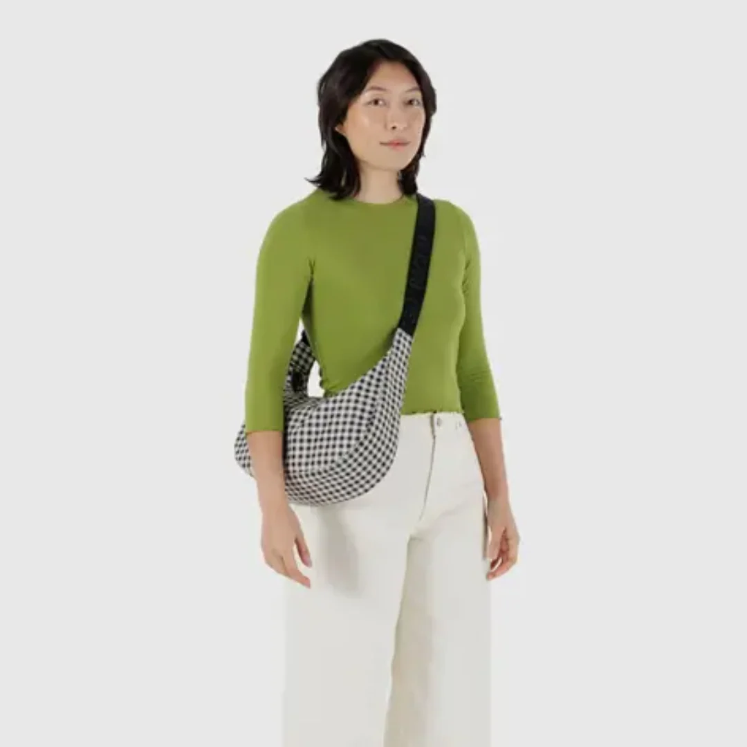 Baggu Medium Nylon Crescent Bag - Black & White Gingham - Image 2
