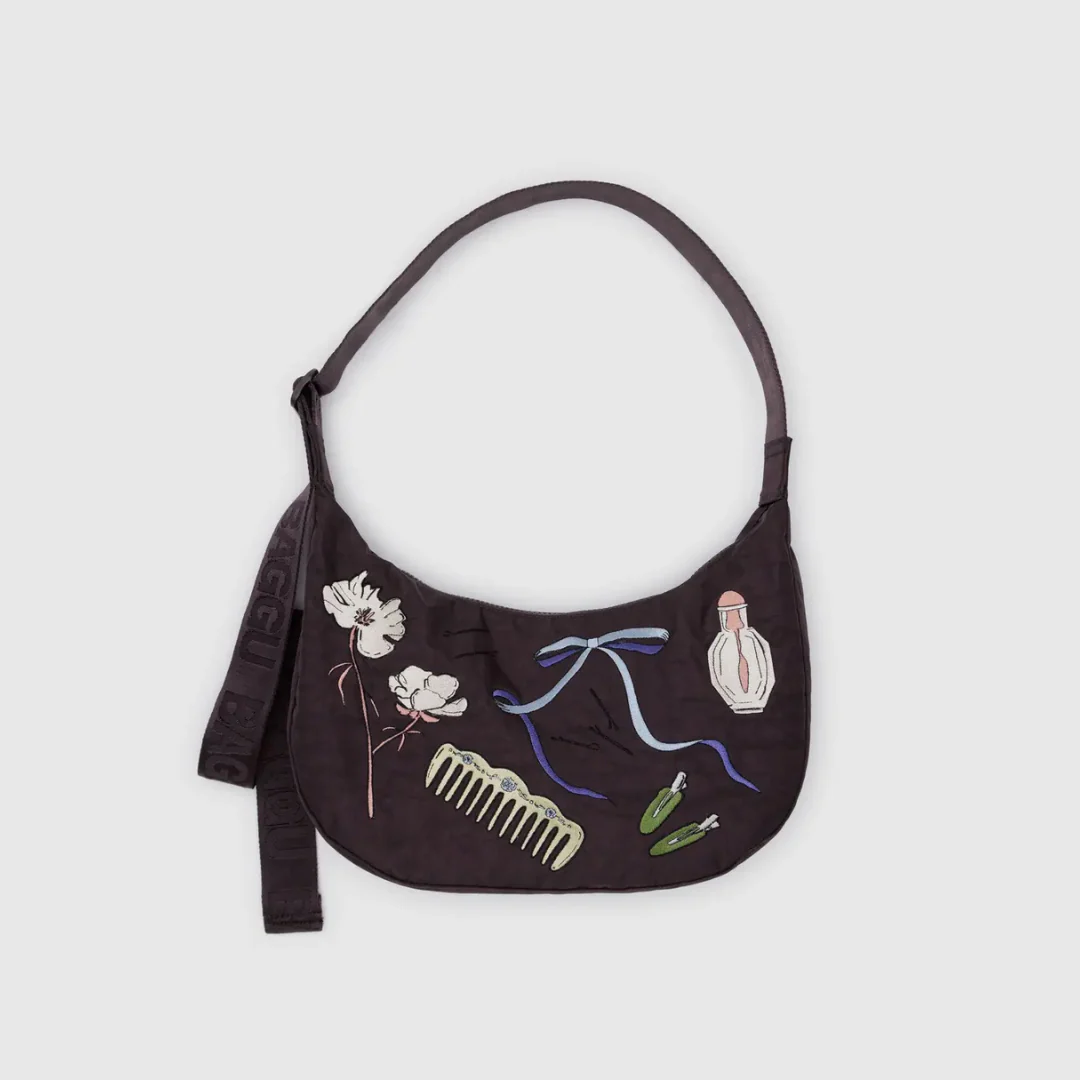 Baggu Medium Nylon Crescent Bag - Embroidered Get Ready With Me