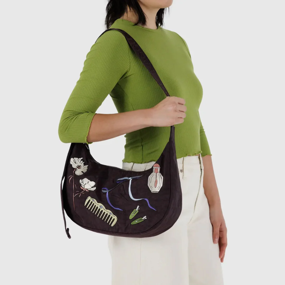 Baggu Medium Nylon Crescent Bag - Embroidered Get Ready With Me - Image 2