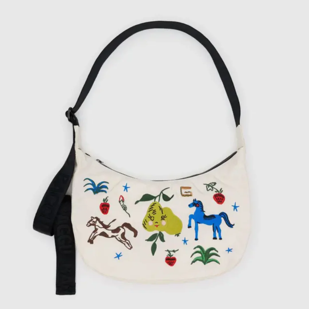 Baggu Medium Nylon Crescent Bag - Embroidered Painted Prairie