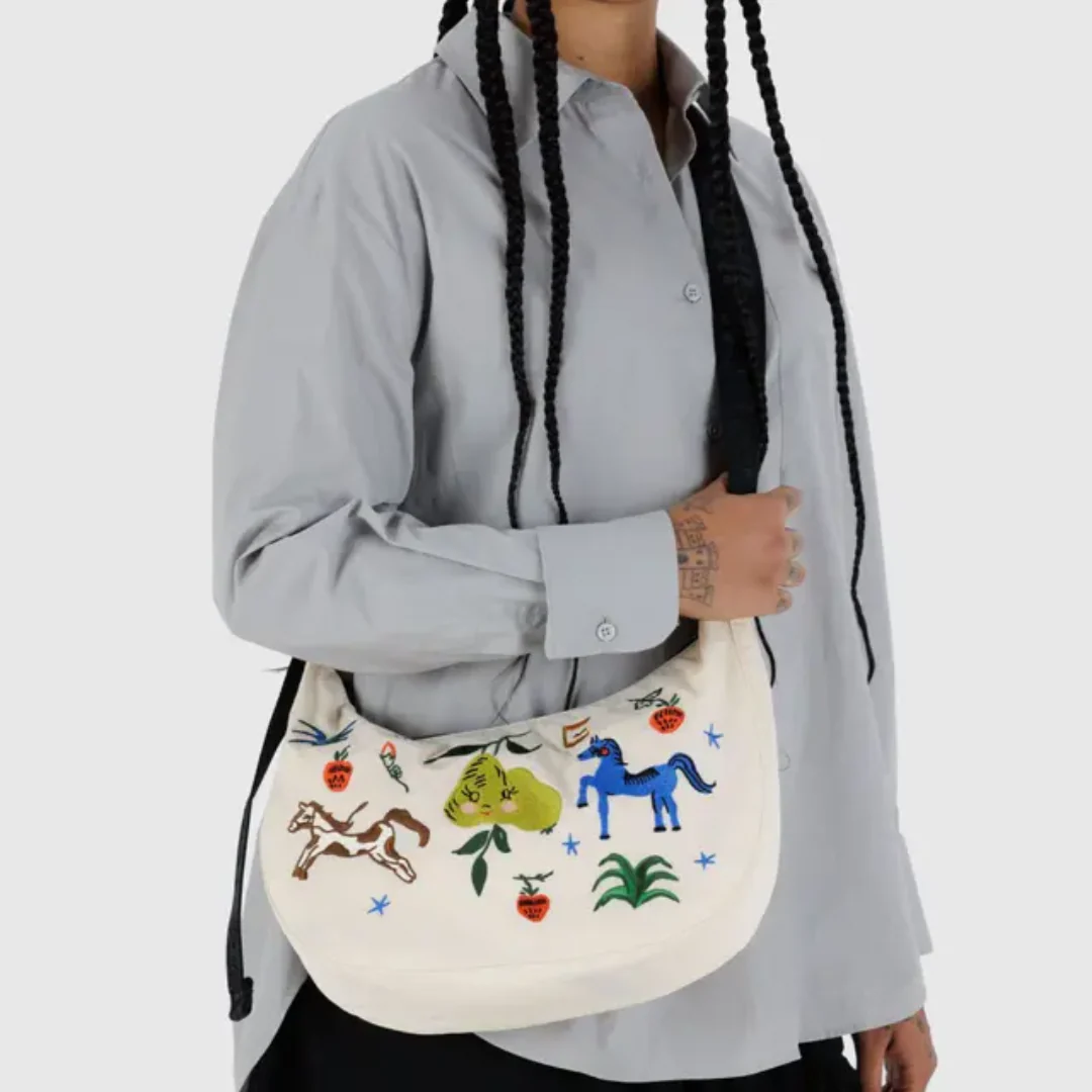 Baggu Medium Nylon Crescent Bag - Embroidered Painted Prairie - Image 2