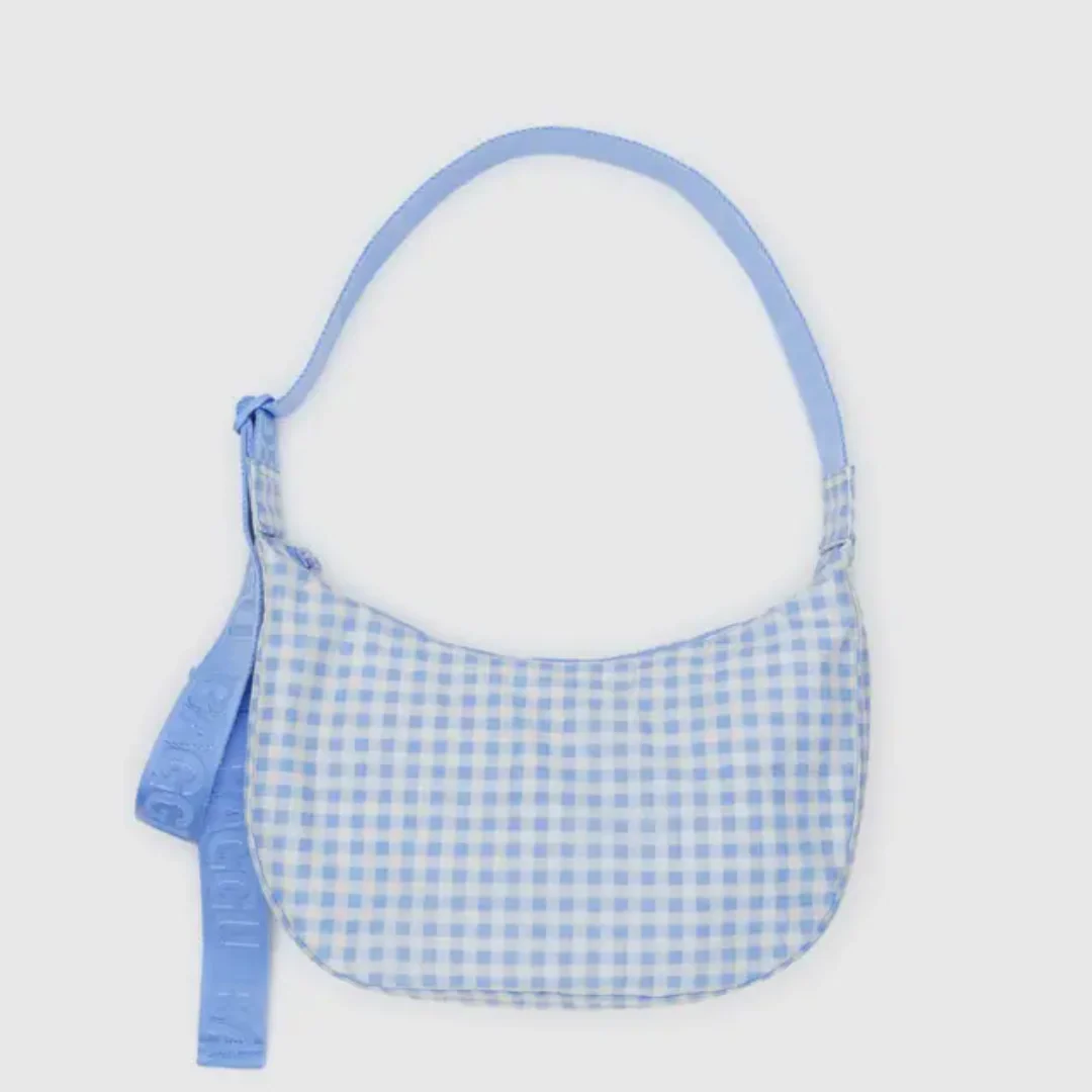Baggu Medium Nylon Crescent Bag - Light Blue Gingham