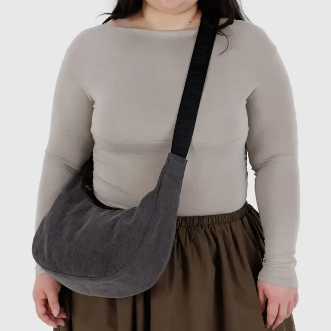 Baggu Medium Denim Crescent Bag - Washed Black Denim - Image 2