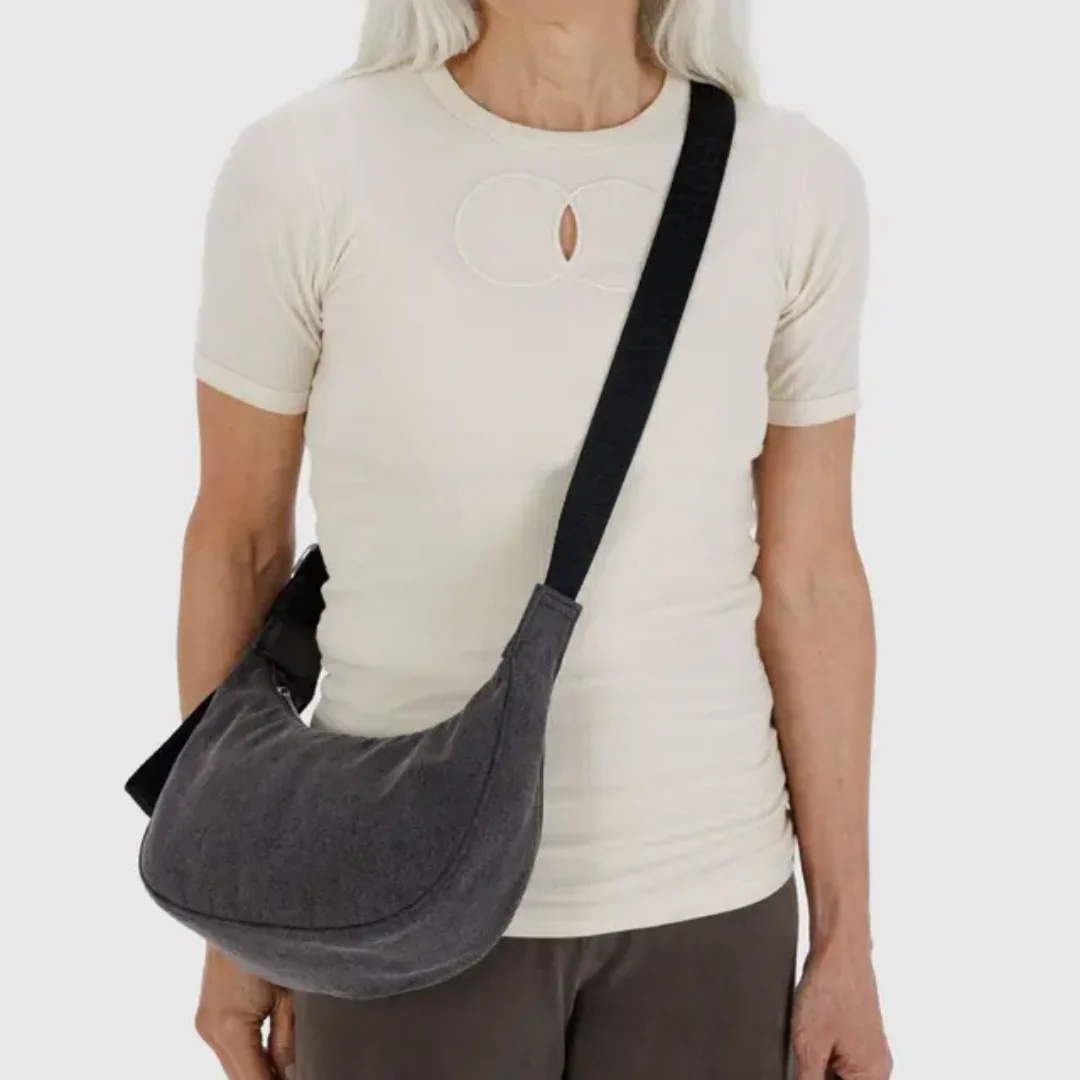 Baggu Small Denim Crescent Bag - Washed Black Denim - Image 2
