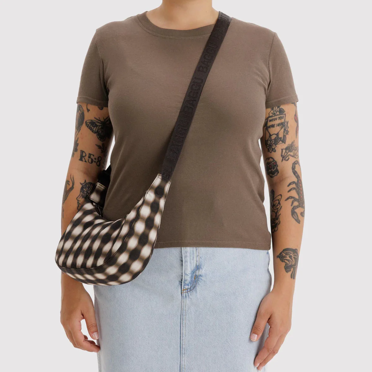 Baggu Small Nylon Crescent Bag - Blurred Gingham Brown - Image 2