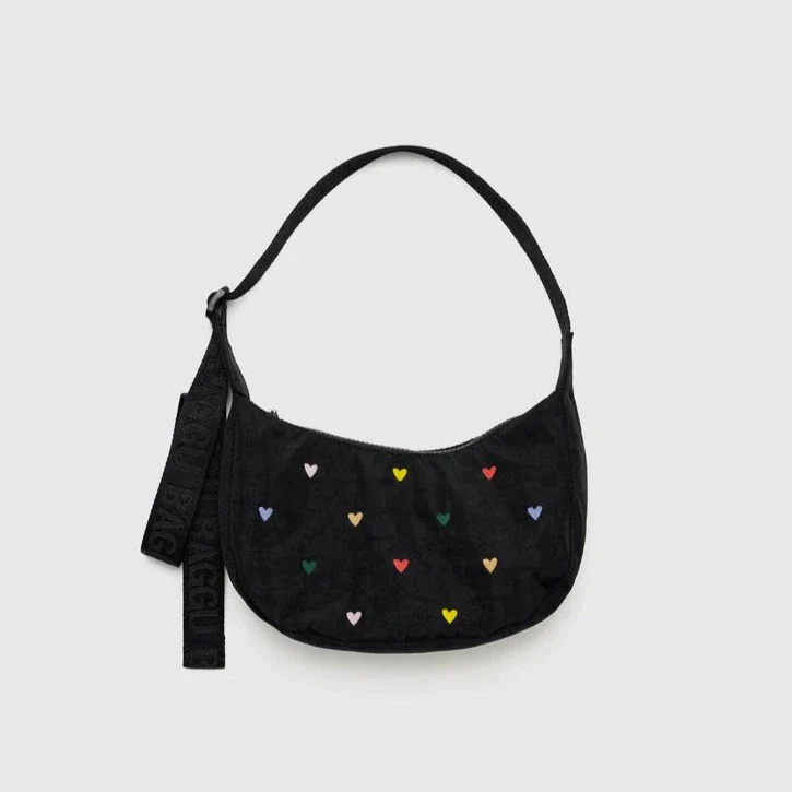 Baggu Small Nylon Crescent Bag - Embroidered Hearts