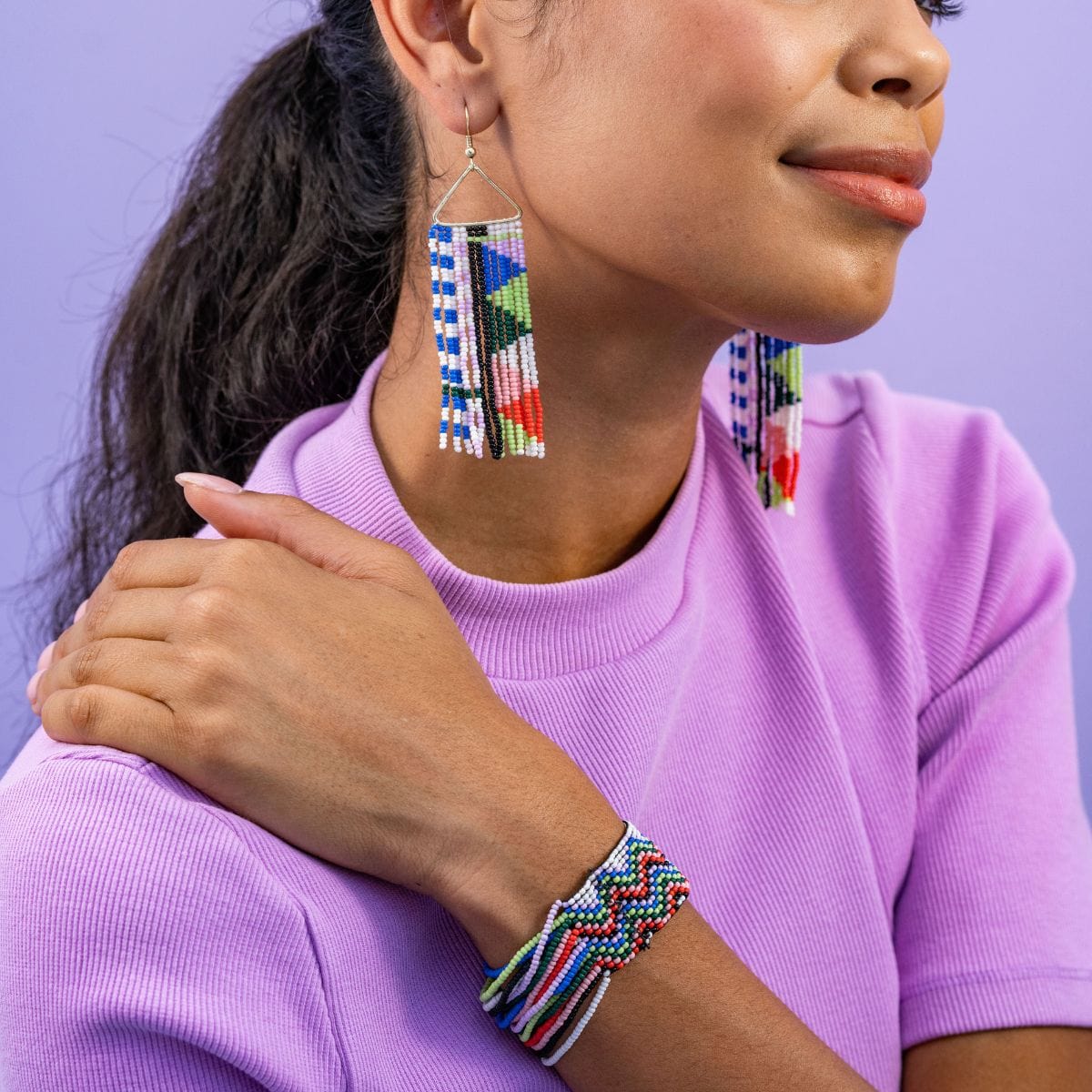 Brooke Mixed Checks And Triangles Beaded Fringe Earrings Rio - Image 2