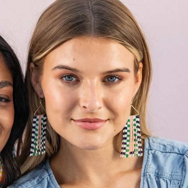 Brooke Two-Tone Checked Border Beaded Fringe Earrings St. Tropez - Image 2
