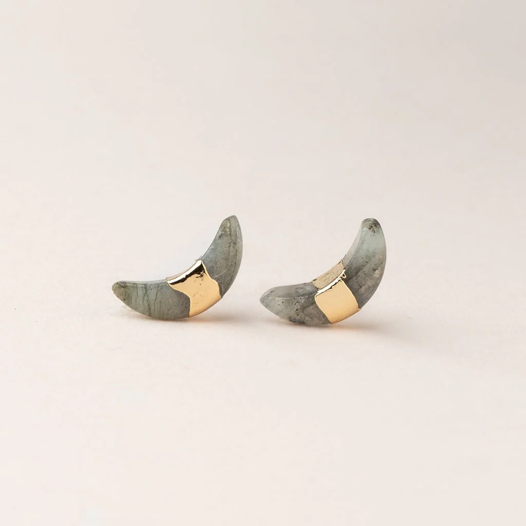 Crescent Moon Stud - Labradorite/Gold