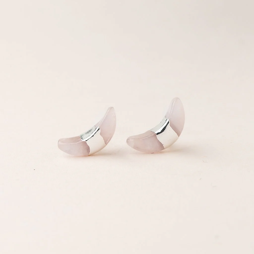 Crescent Moon Stud - Rose Quartz/Silver