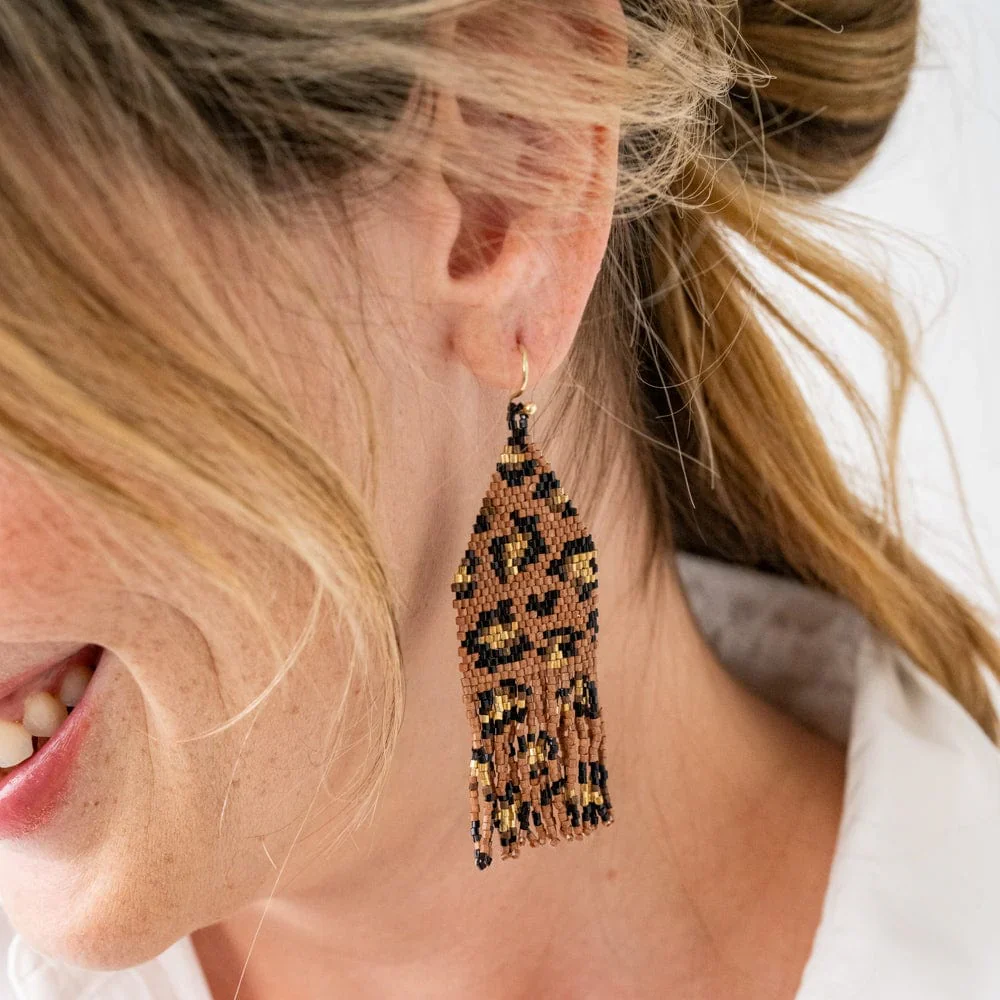 Delilah Cheetah Beaded Fringe Earrings - Image 2