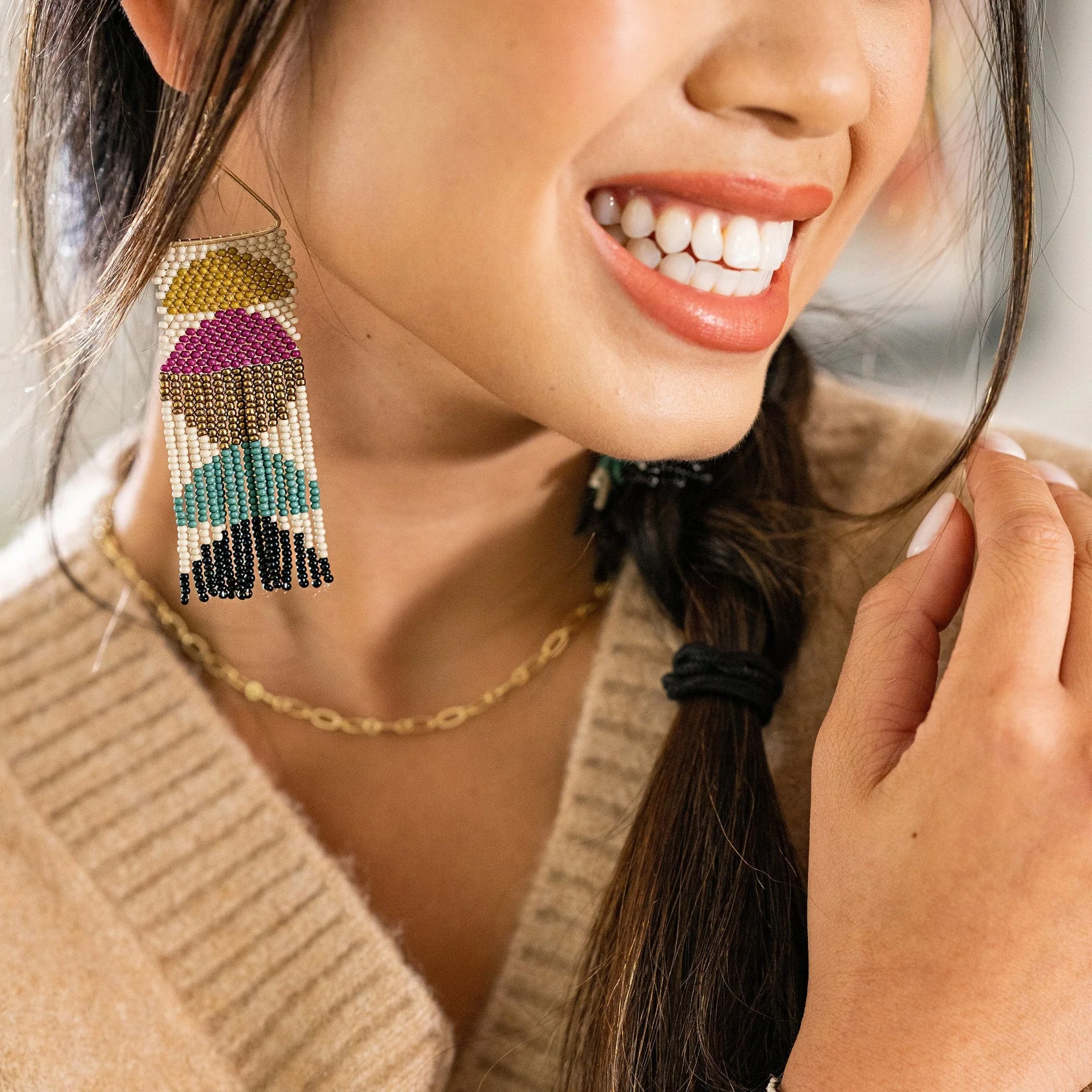 Gloria Half Circles Beaded Fringe Earrings - Muted Rainbow - Image 2