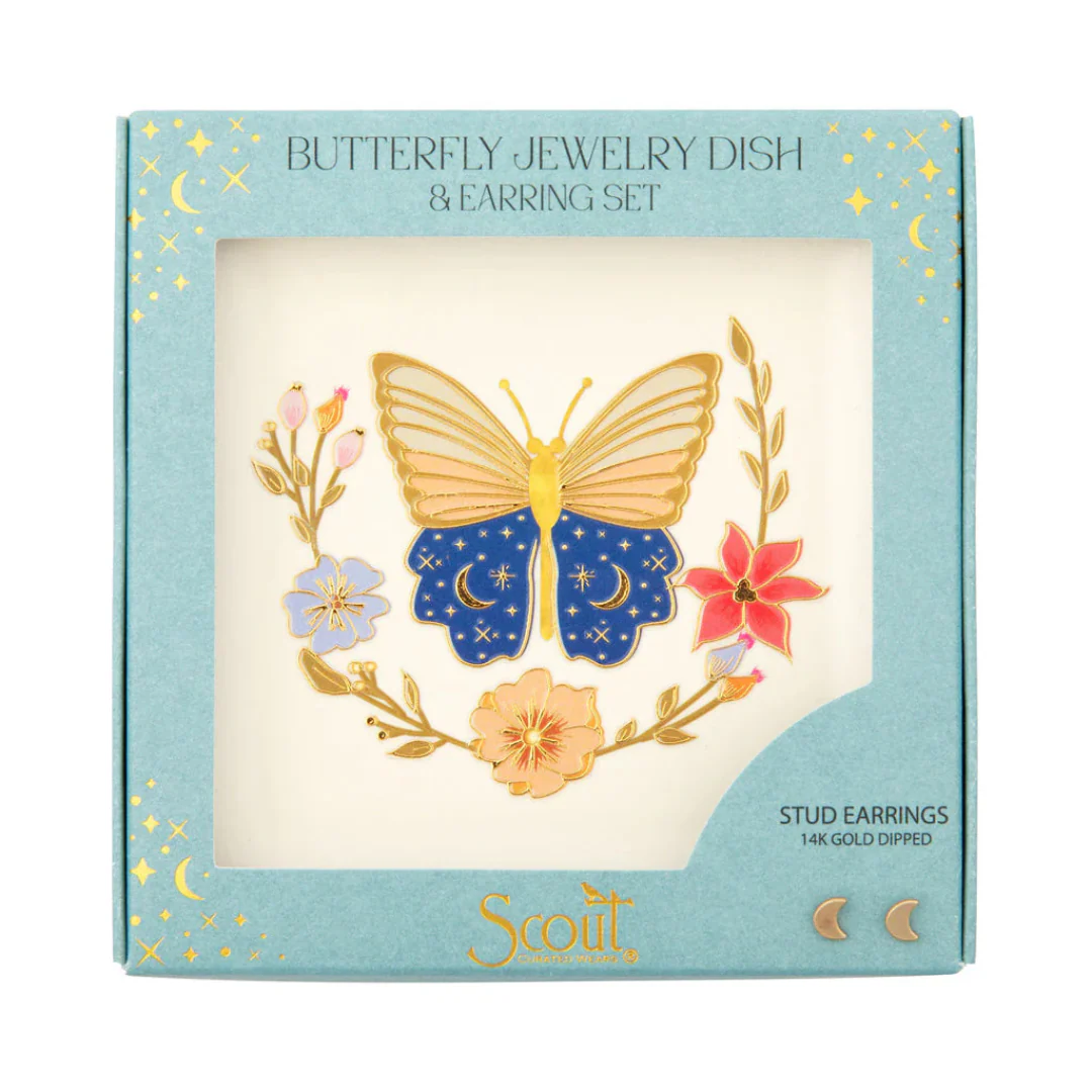 Jewelry Dish & Stud Earring Set- Butterfly/Cream