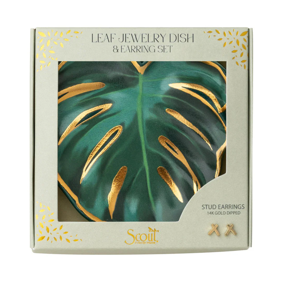 Jewelry Dish & Stud Earring Set- Leaf/Sage