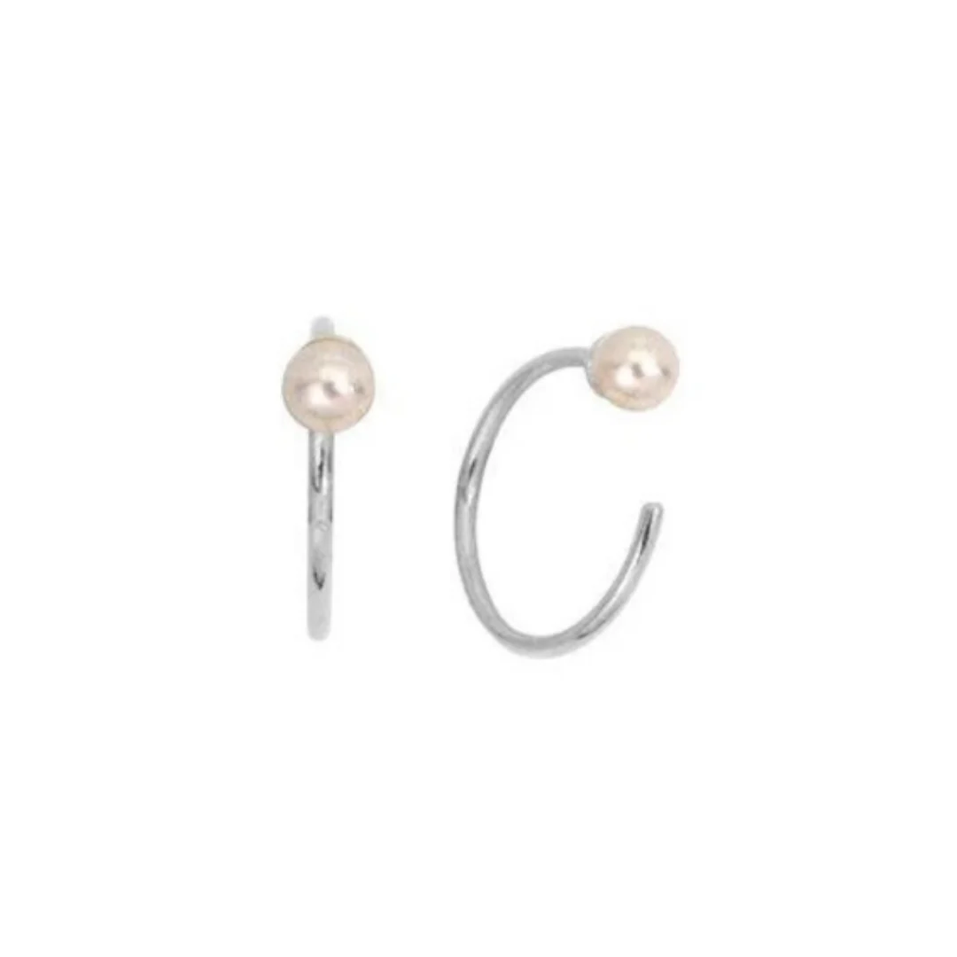 Pearl Huggies Earrings-Silver