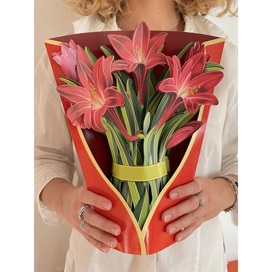 Red Amaryllis Fresh Cut Paper Card - Image 5