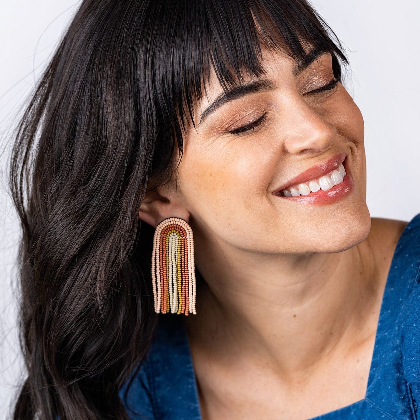Skylar Rainbow Stripe Beaded Fringe Earrings - Desert - Image 2