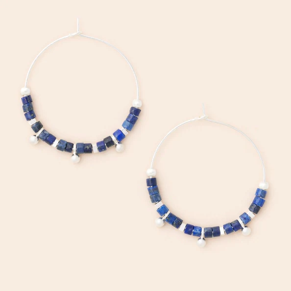 Stone Disk Hoop Earring - Lapis/Silver