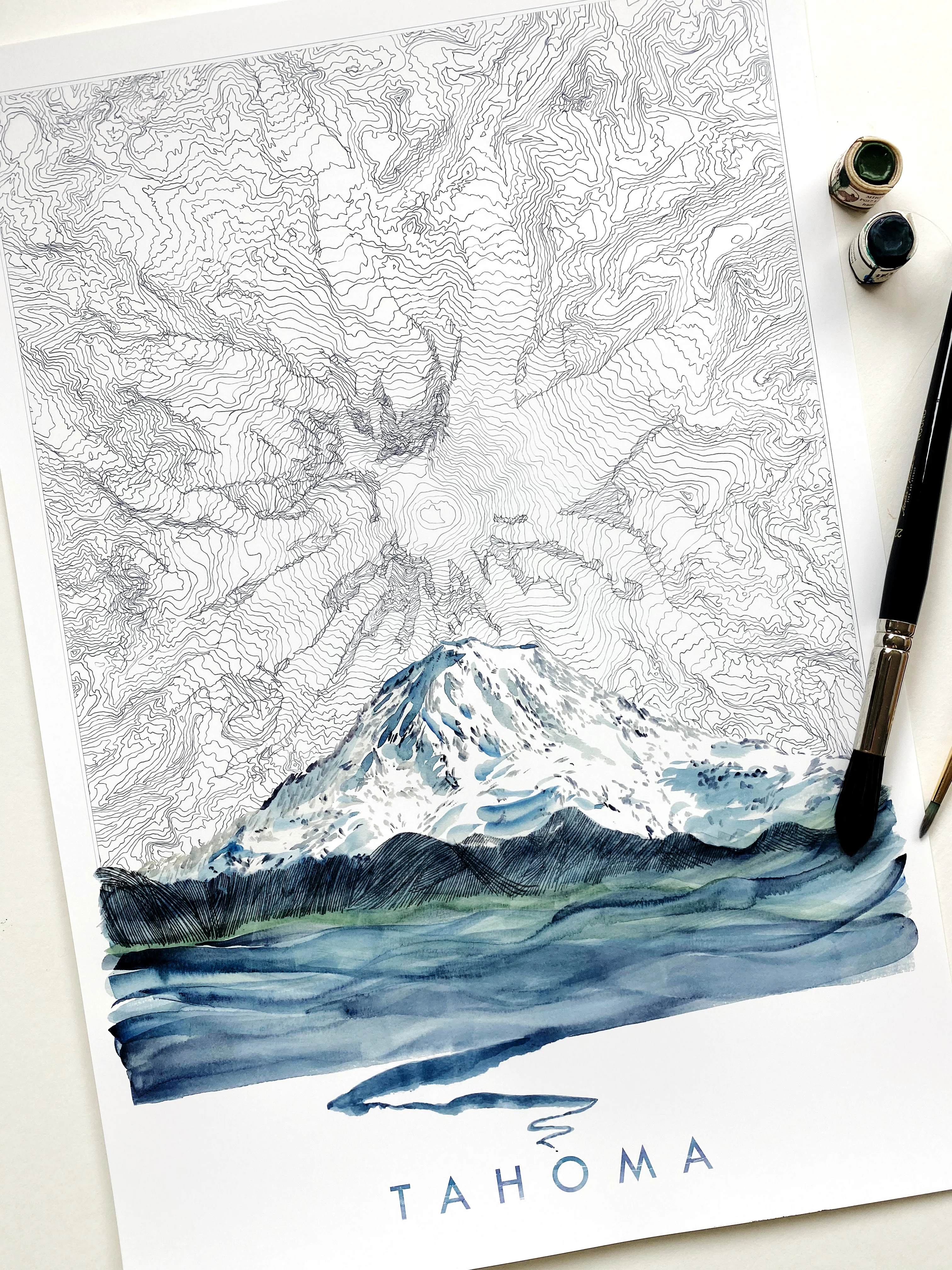 Turn of the Centuries - Mount Rainier Tahoma Washington Topographical Map Drawing + Mountain + River Print - Image 2