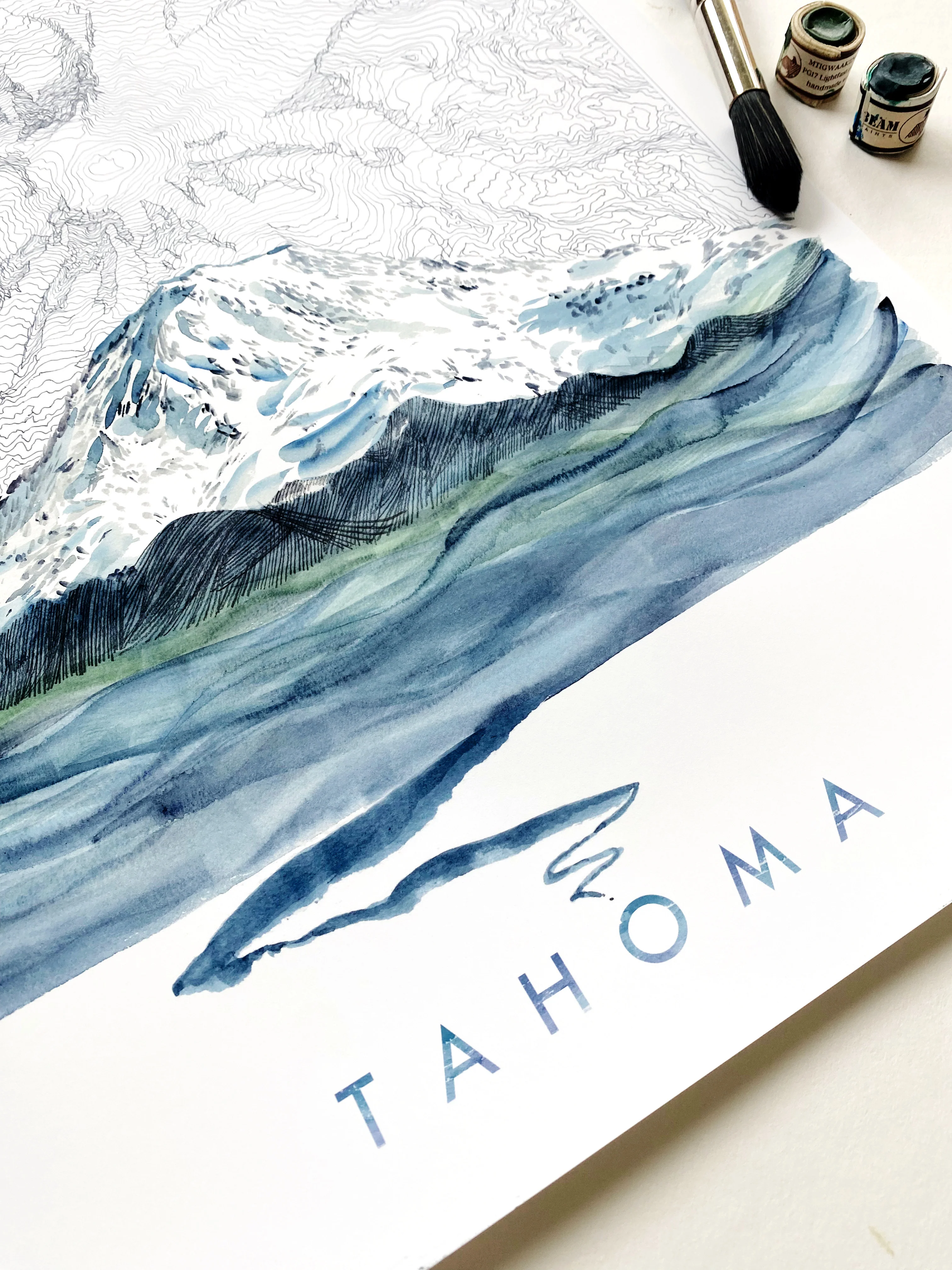 Turn of the Centuries - Mount Rainier Tahoma Washington Topographical Map Drawing + Mountain + River Print - Image 3